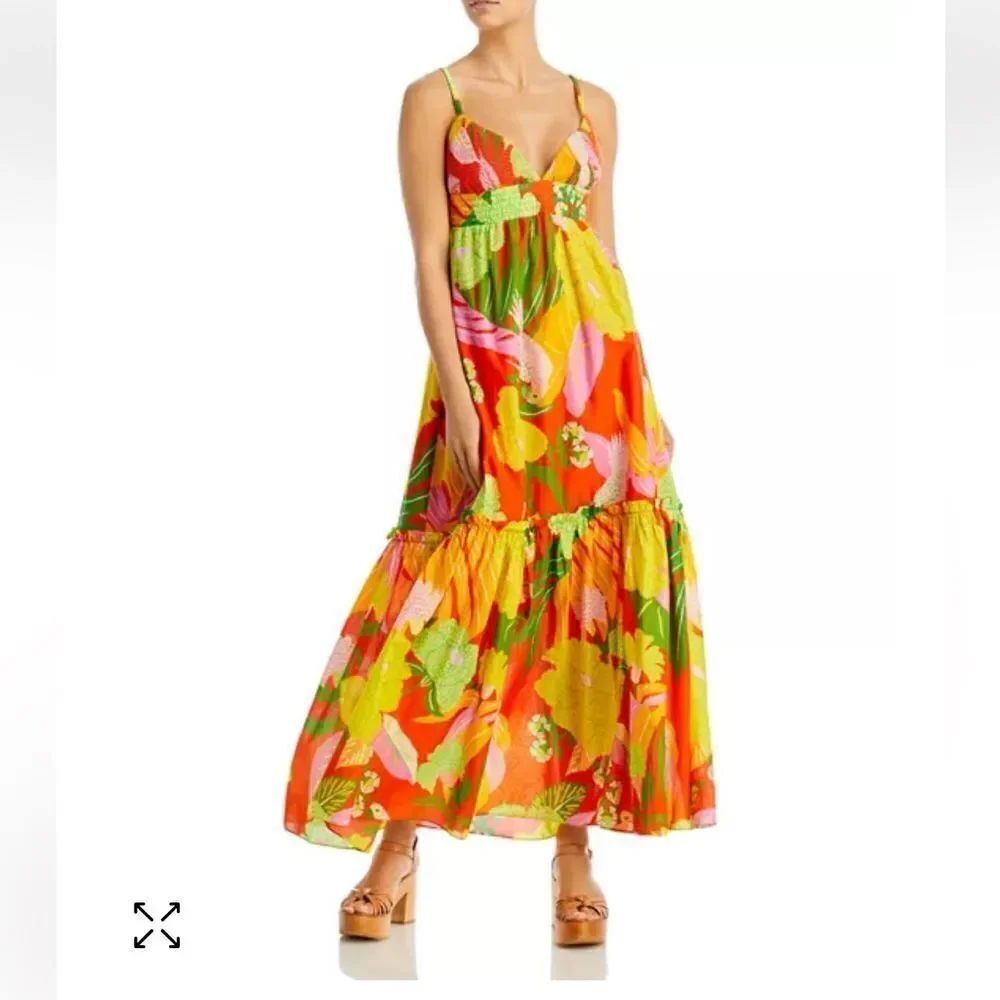 FARM Rio Neon Floral Tiered Cotton Maxi Dress